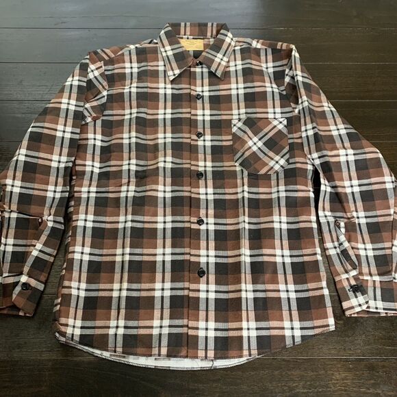 Vintage Sears Perma Prest Flannel Button Shirt Mens Medium Plaid Brown 80s - Picture 1 of 12